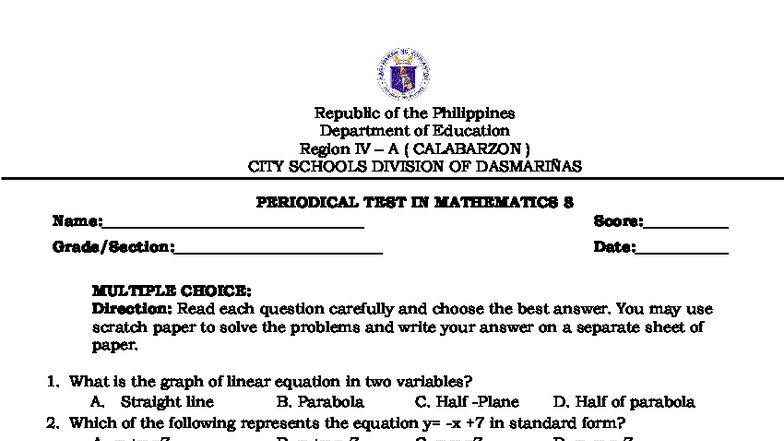 Q2 - Periodical Test in Mathematics 8 (SHYJKYUL) - Studocu