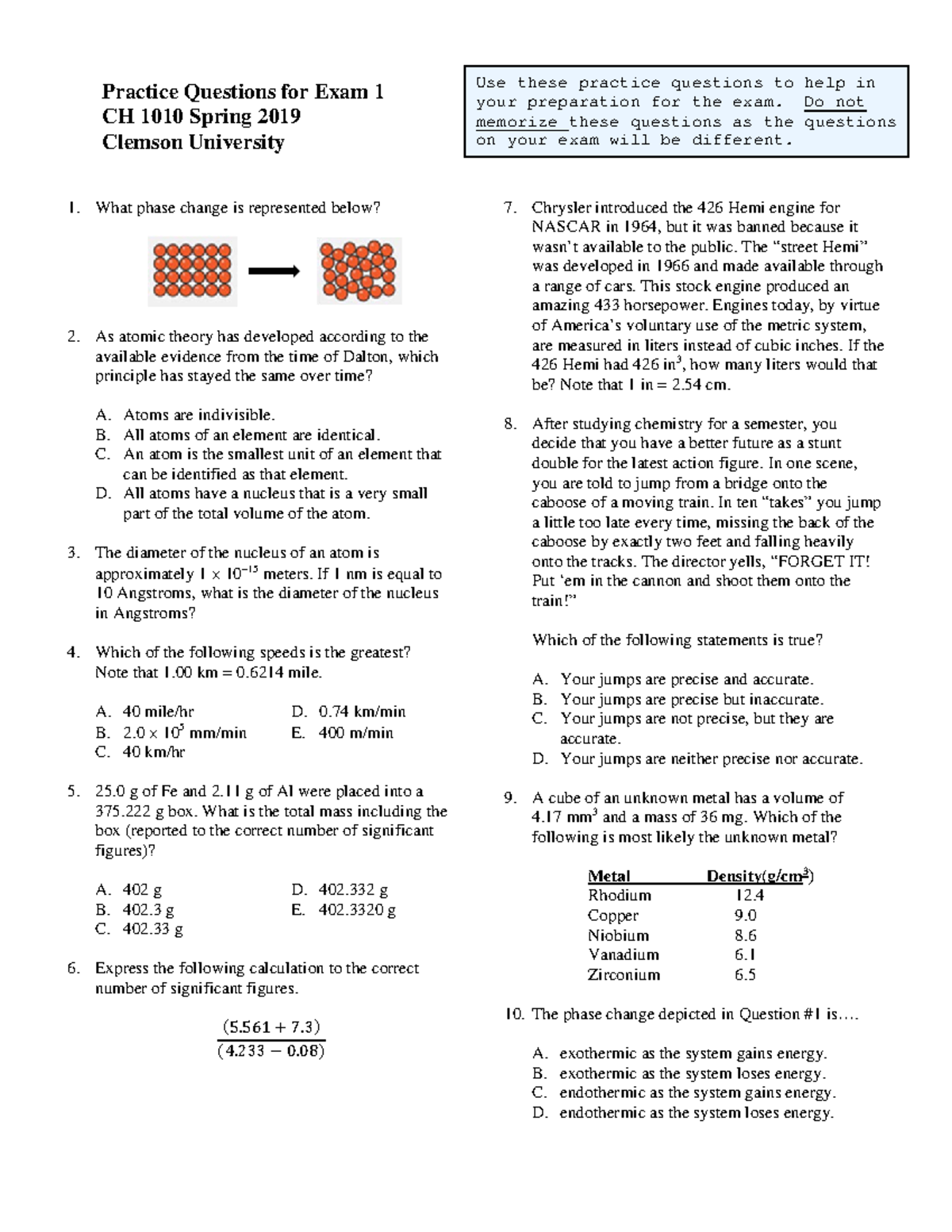 Practice Questions for Exam 1 CH 1010 Spring 2019 Version 1 - Studocu