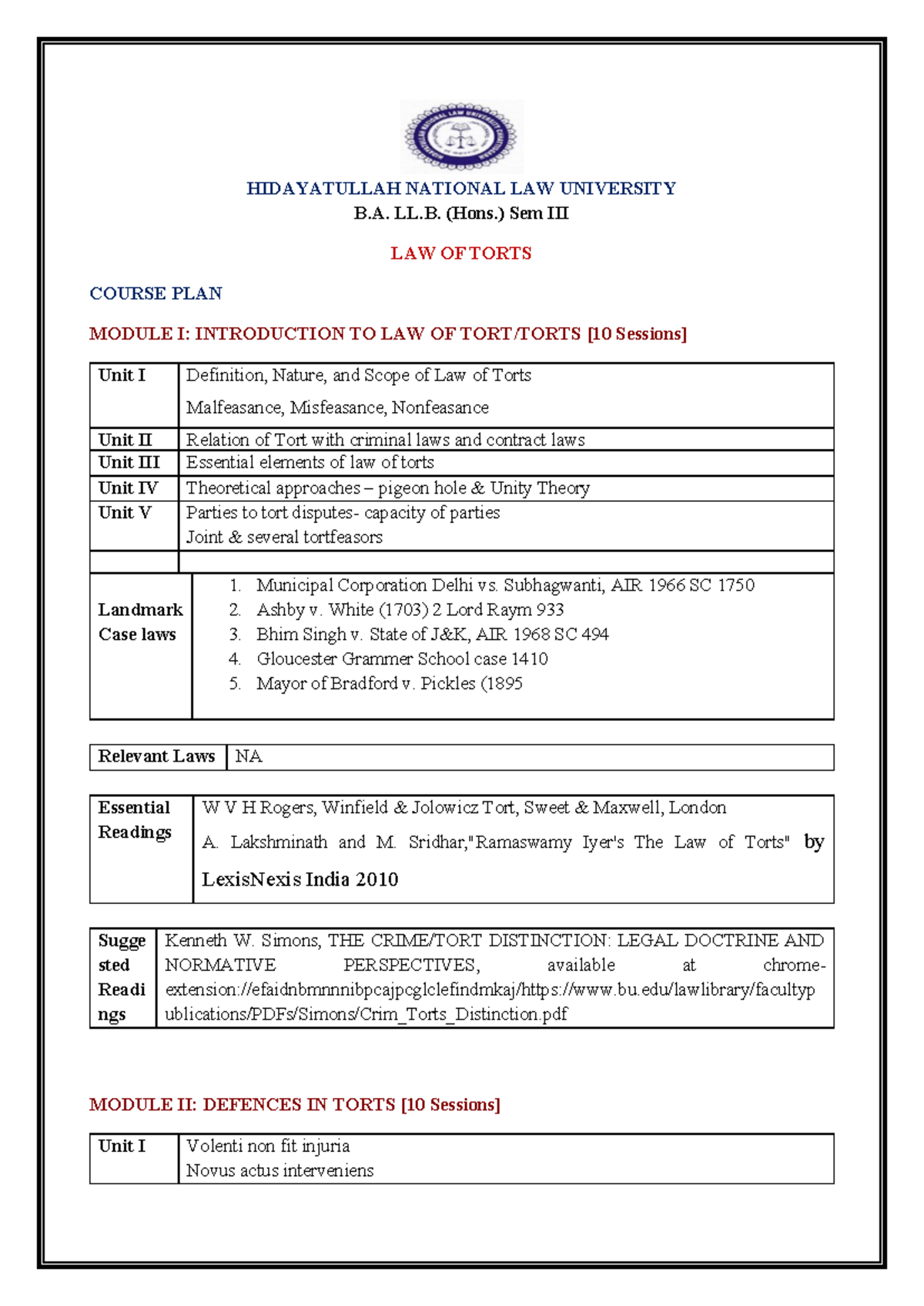 LAW OF TORTS B.A. LL.B. (Hons.) Sem Updated Syllabus JUL-DEC 2025 - Studocu