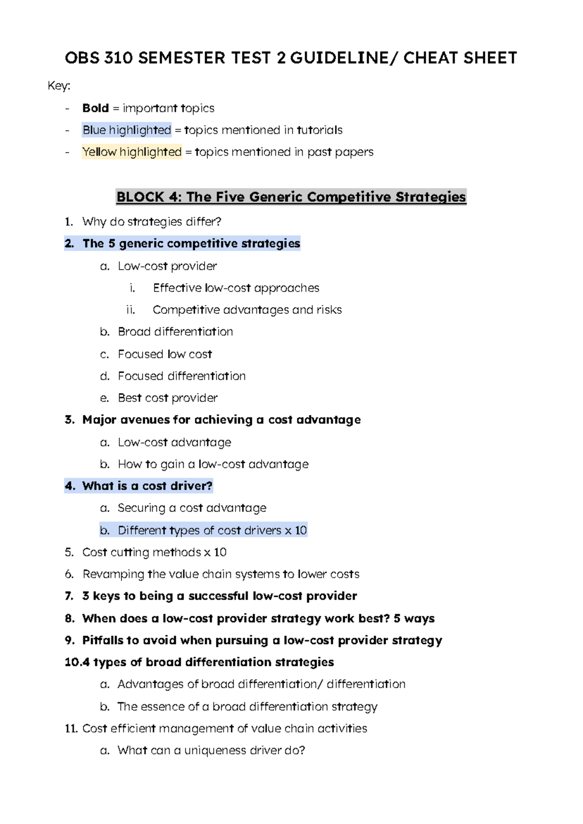 OBS 310 SEMESTER TEST 2 Guidelines & Key Topics Cheat Sheet - Studocu
