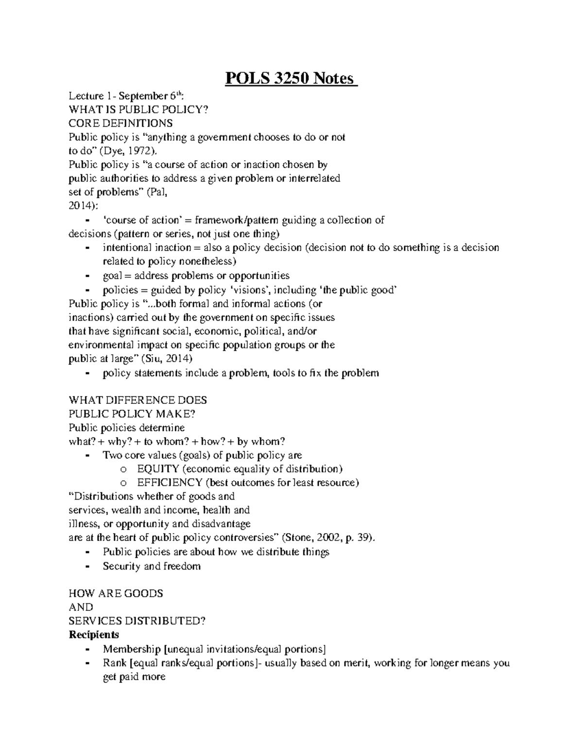 POLS 3250 Lecture Notes: Understanding Public Policy Concepts - Studocu