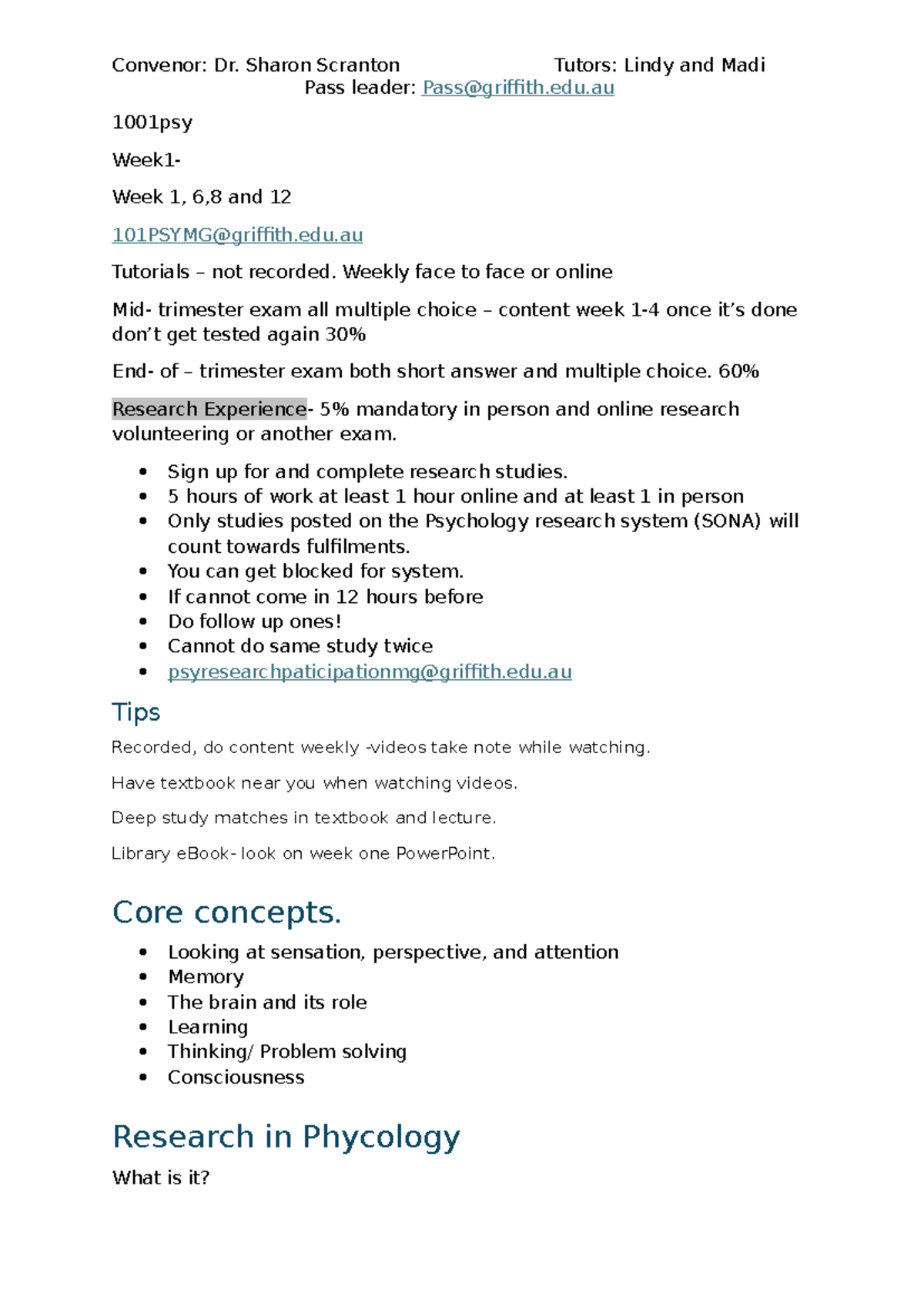 1001PSY - Week 1 to 12 Tutorial Notes on Psychology Concepts - Studocu