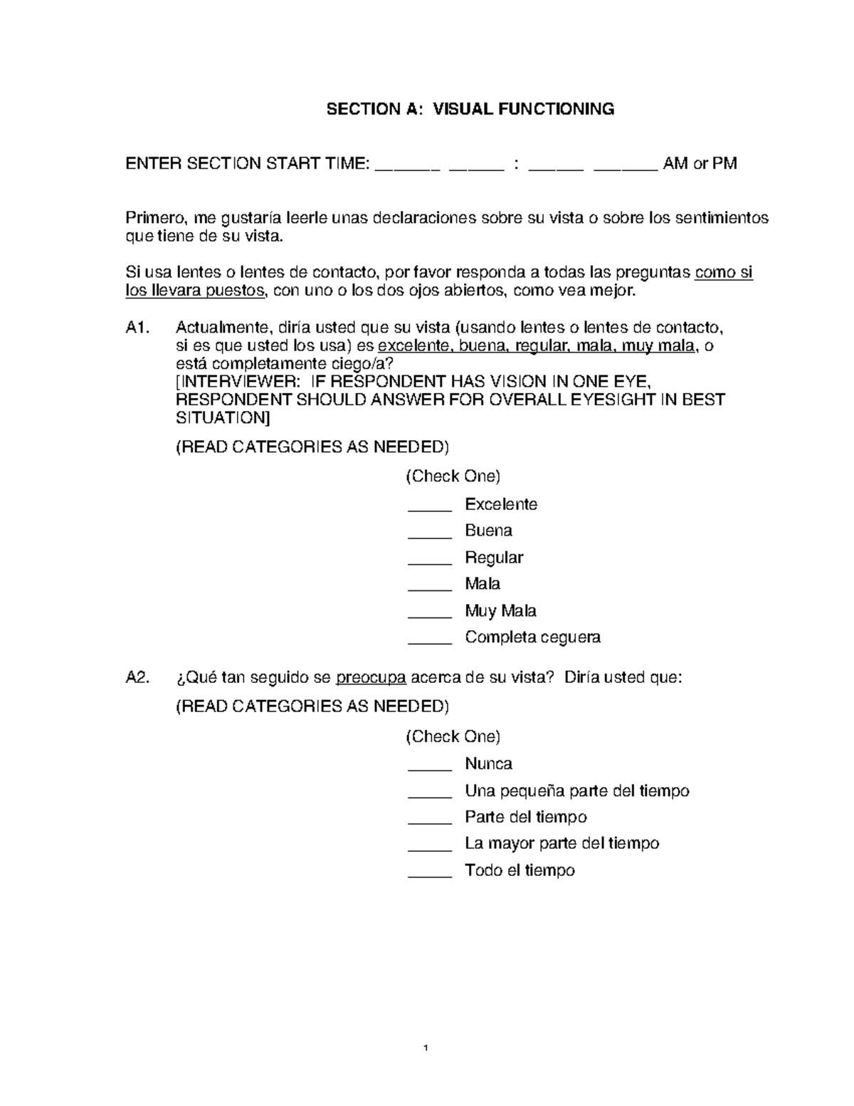 Vfq25survey spanish - VFQ 25 - SECTION A: VISUAL FUNCTIONING ENTER ...