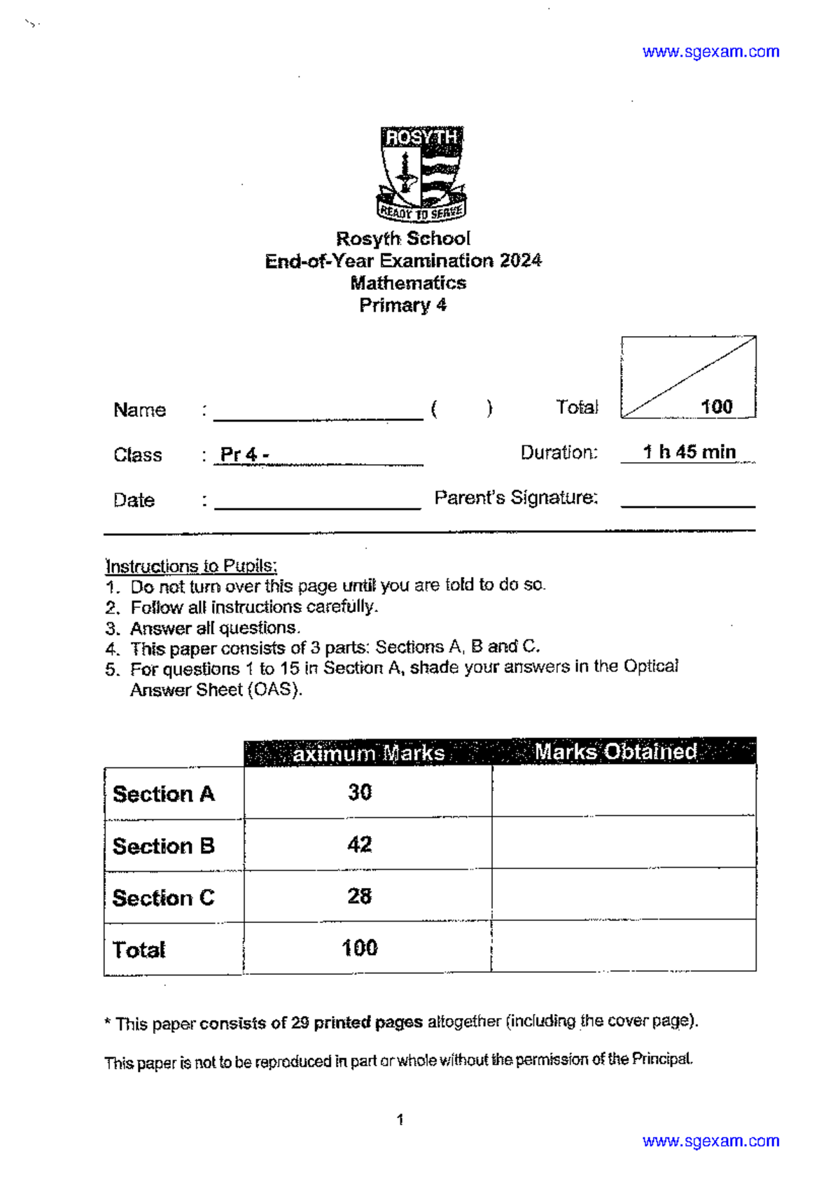 2024-P4-Maths-End of Year Exam - Rosyth School - Studocu