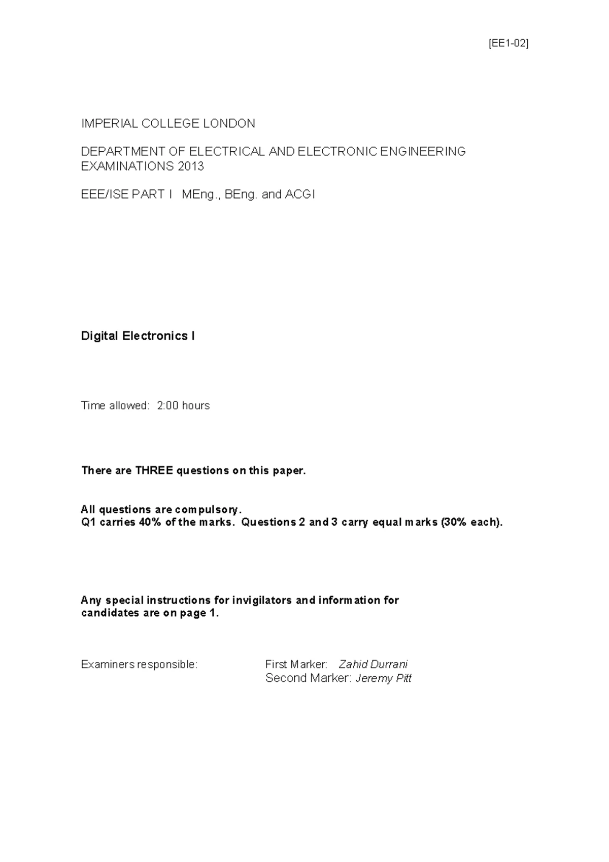 ELEC40003 Digital Electronics and Computer Architecture EXAM Paper ...