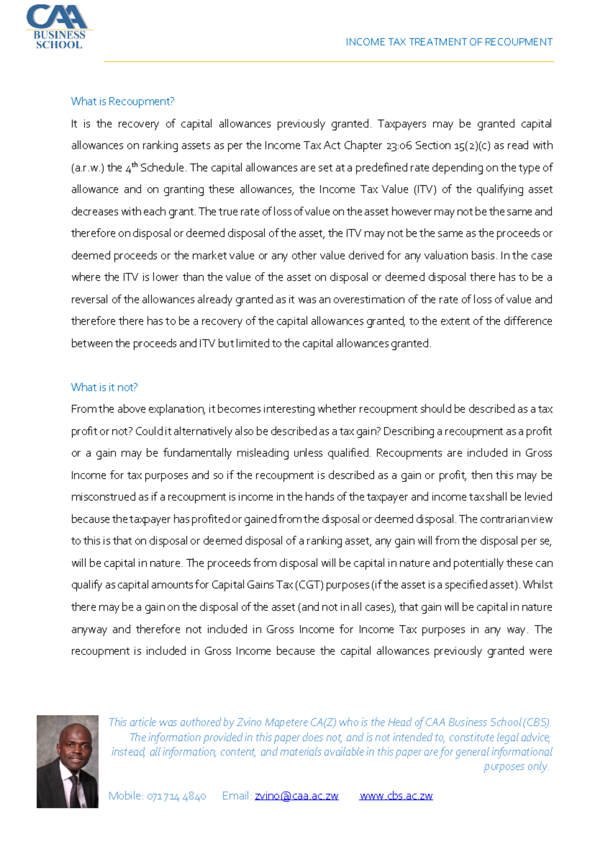 CBS - Final Exam Notes on Tax Treatment of Recoupments - Studocu