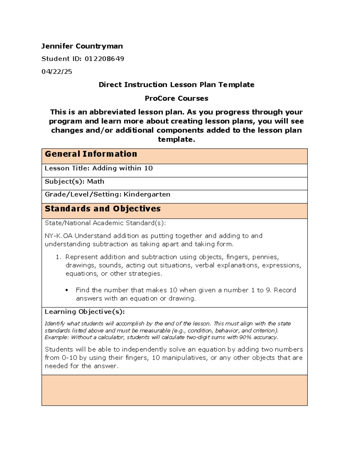 Direct Instruction Lesson Plan: Adding Within 10 (ProCore) - Studocu