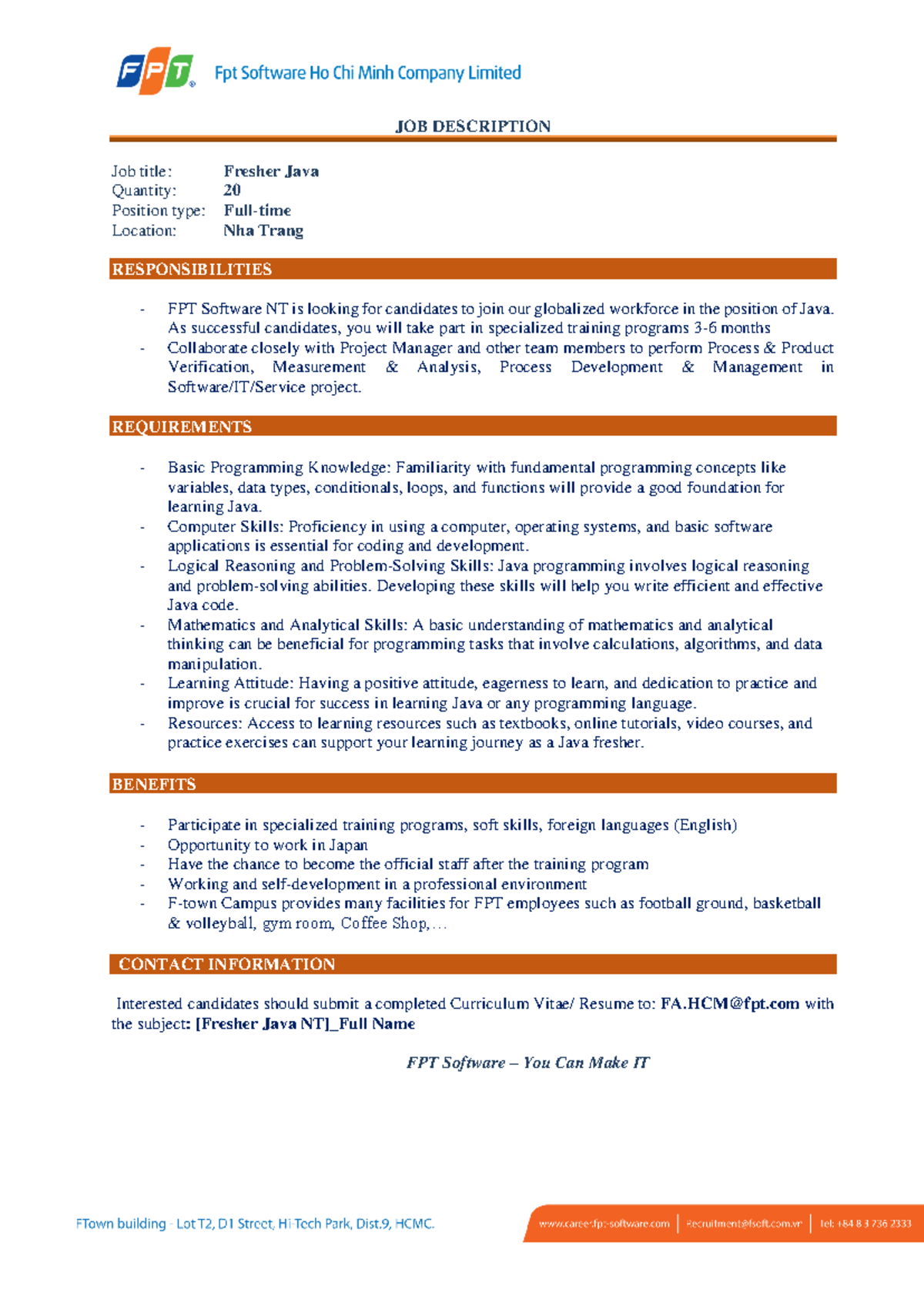 [FPT Software NT] Fresher Java - JOB DESCRIPTION Job title : Fresher ...