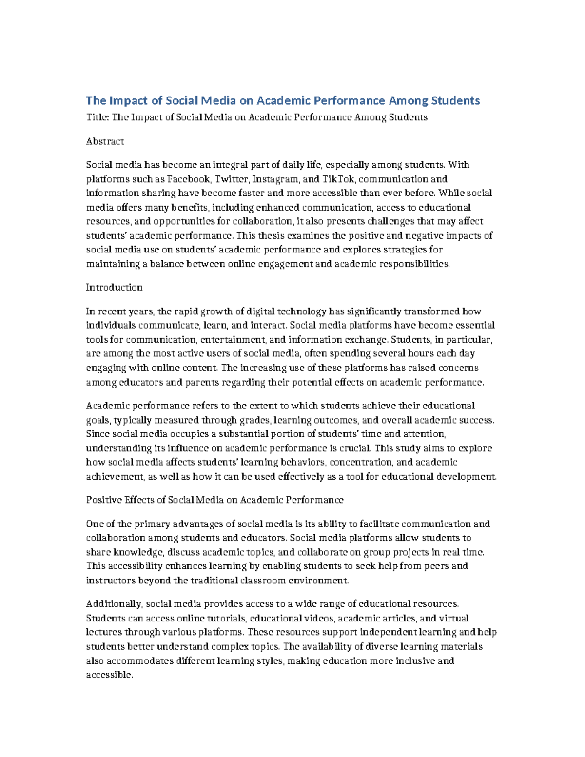 The Impact of Social Media on Academic Performance: A Thesis Study ...
