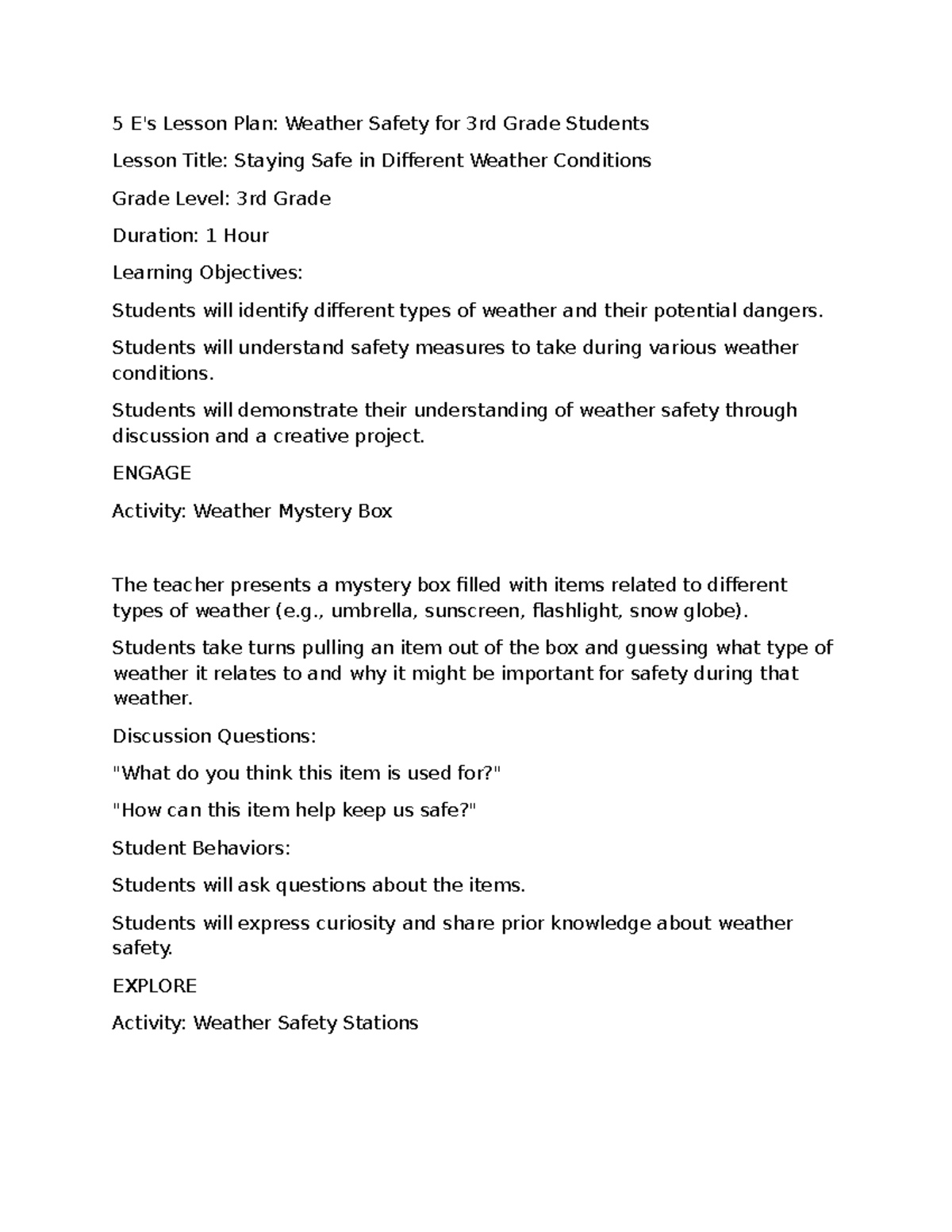 LP Weather - Lesson Plan on Weather Safety for 3rd Grade - Studocu