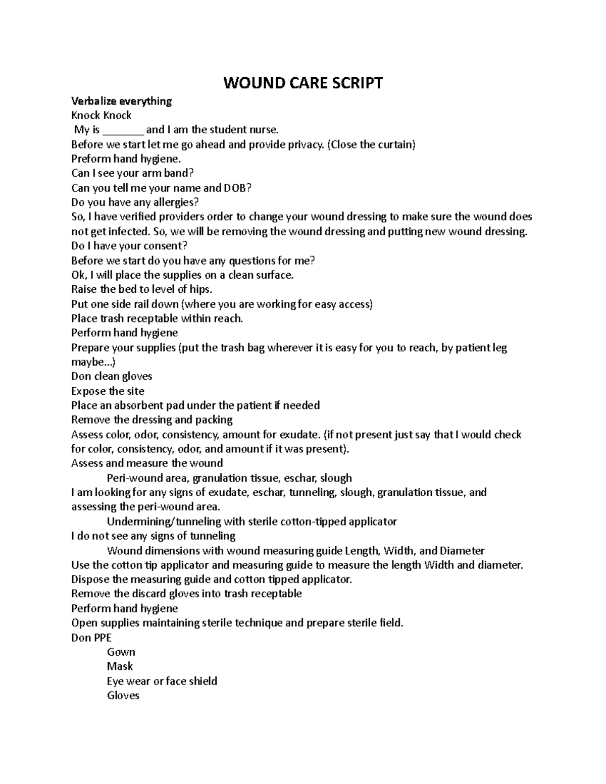 Wound CARE Procedure Script for Nursing Students (NURS 101) - Studocu