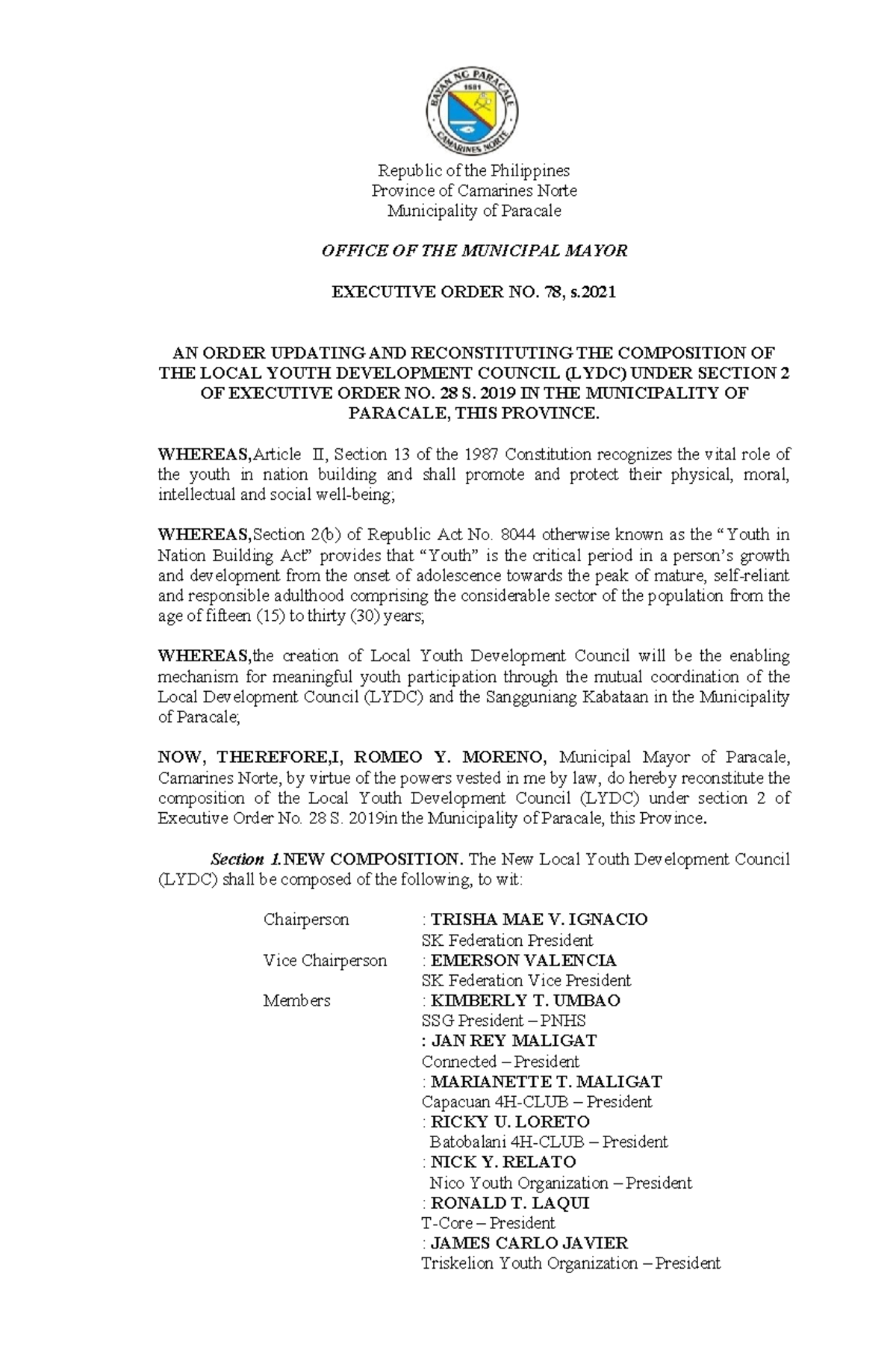 Executive-Order-No.-78-Amending-LYDC 2022 - Republic of the Philippines ...