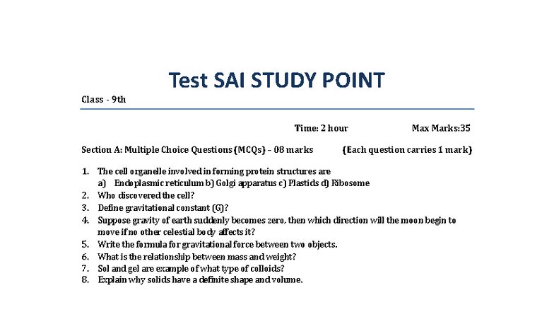 Test SAI Class 9 - Chapter 1: Fundamentals of Gravitation - Studocu
