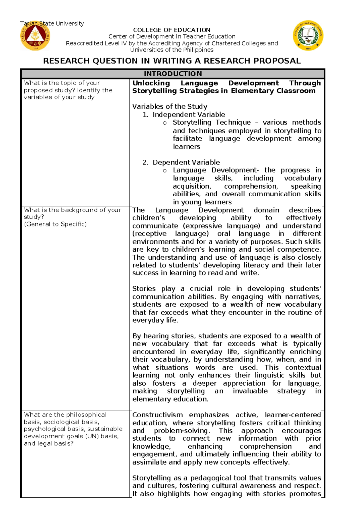 Research Proposal - Tarlac State University COLLEGE OF EDUCATION Center ...