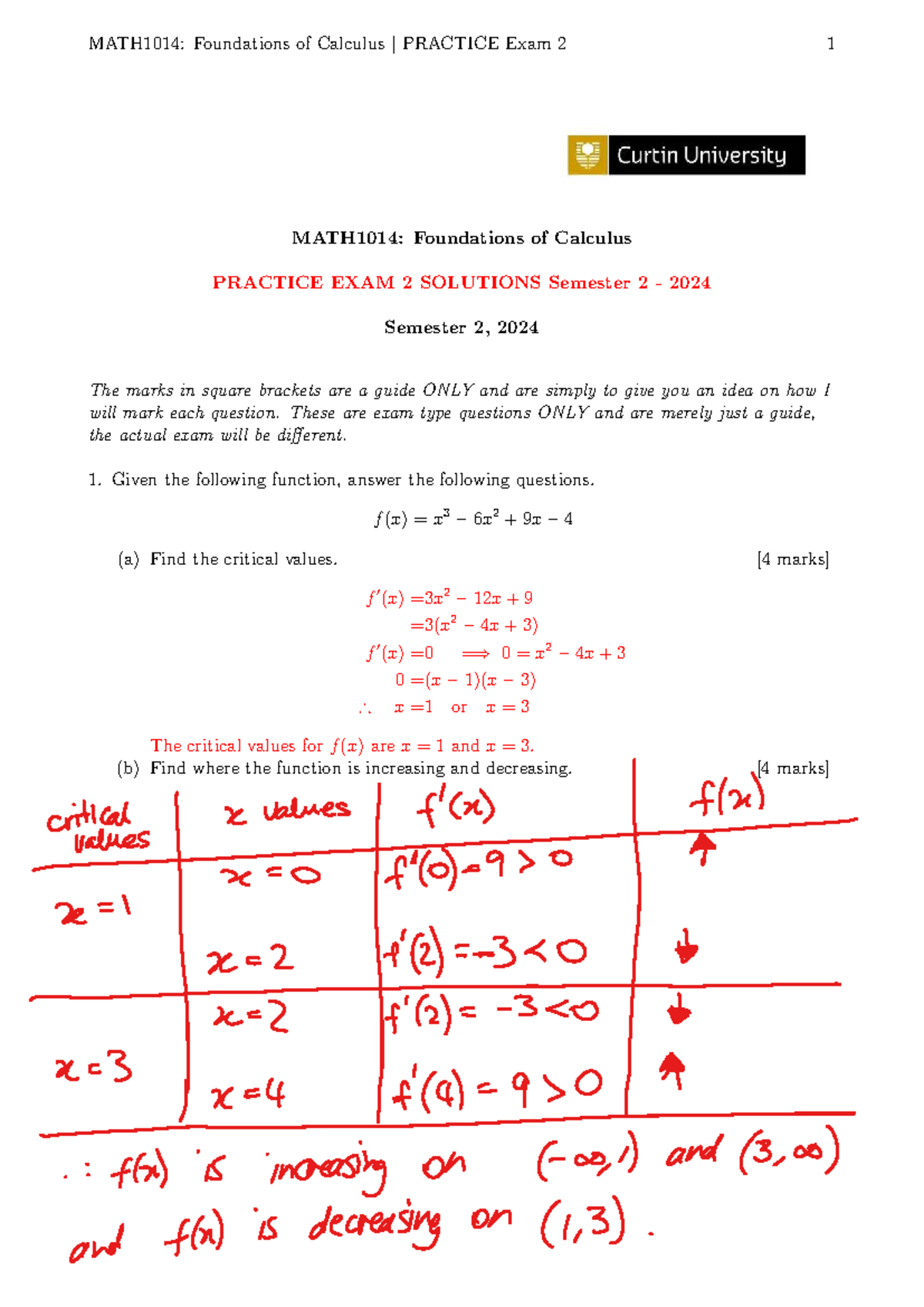 MATH1014: Foundations of Calculus PRACTICE Exam 2 Solutions - 2024 ...