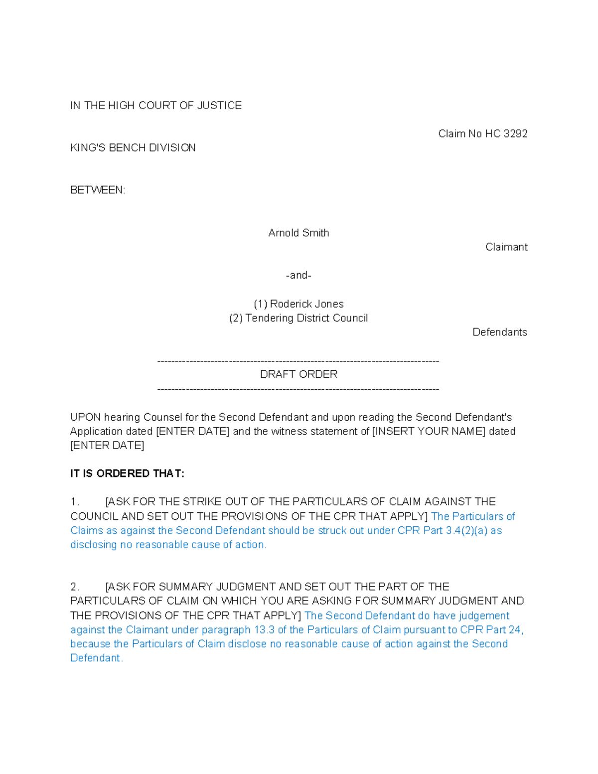 LW362 Tutorial 3 - Draft Order Template for High Court Proceedings ...