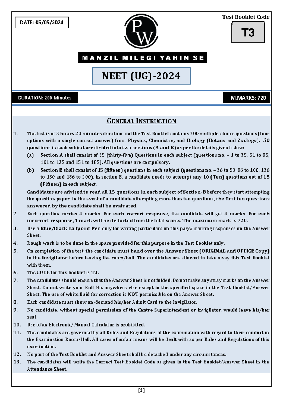 NEET 2024 - Practise it this is best pyq - Test Booklet Code GENERAL ...