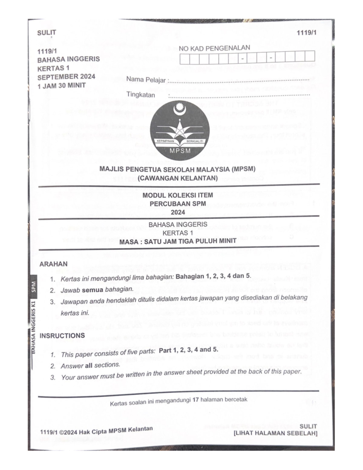 BI K1 Kelantan-2024 - English Paper 1 - SPM Trial Exam Document - Studocu