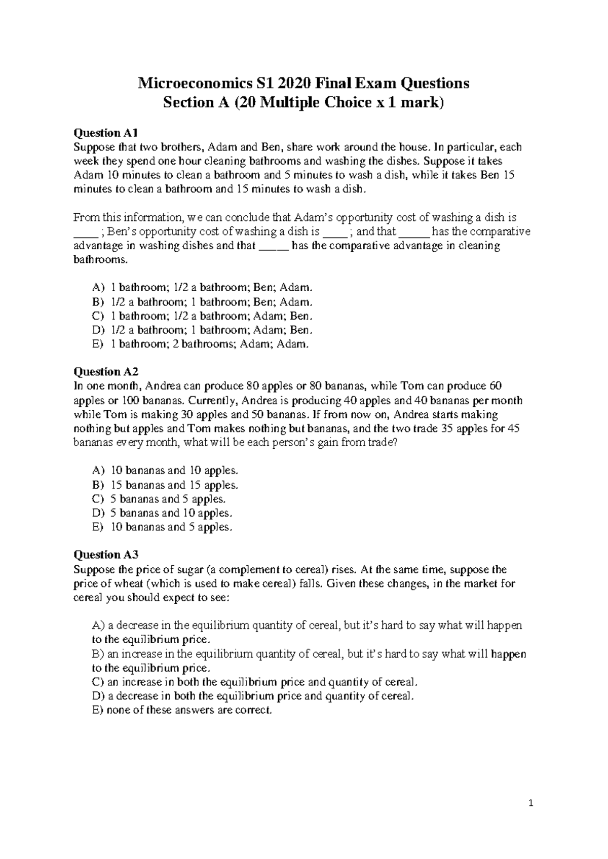 Microeconomics S1 2020 Final Exam Question Set - Document Preview