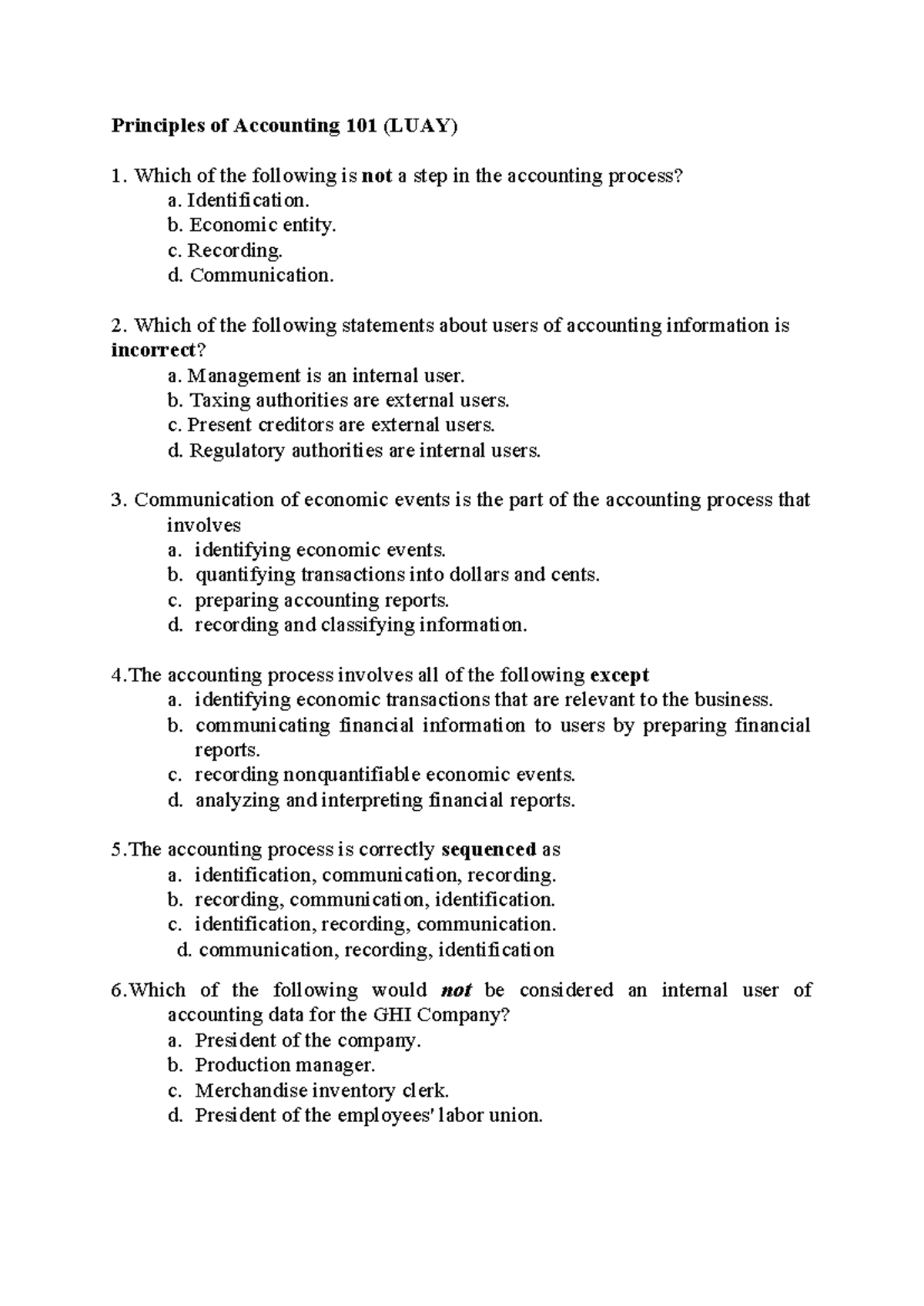 Principles of Accounting 101 (LUAY) Chapter 1 Sample Questions - Studocu