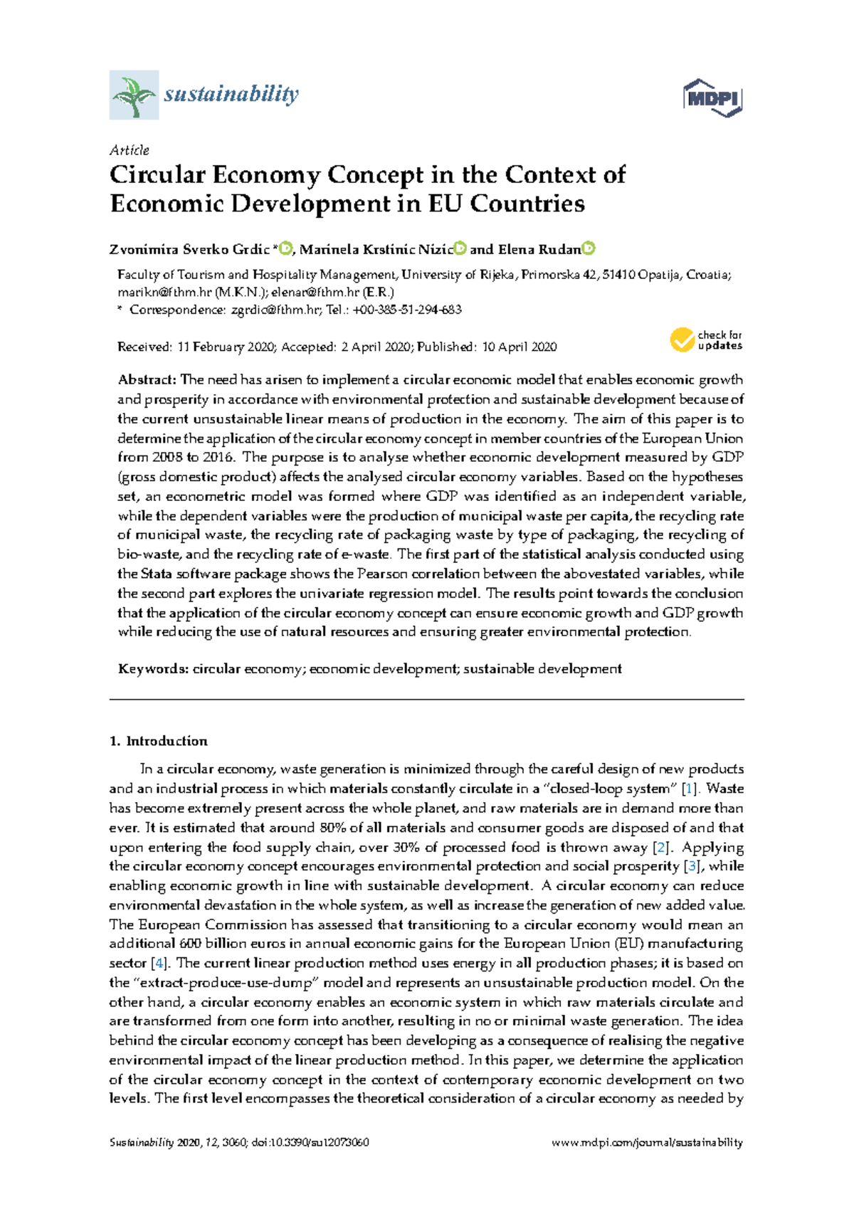Sustainability 12: Circular Economy and Economic Growth in EU (2008 ...