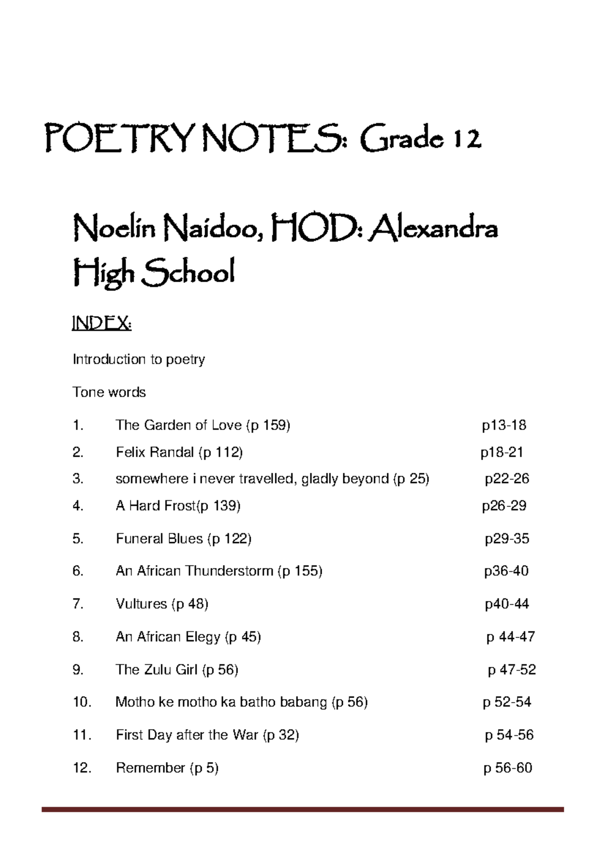 Grade 12 HL Poetry Notes: Analysis of Key Poems and Themes - Studocu