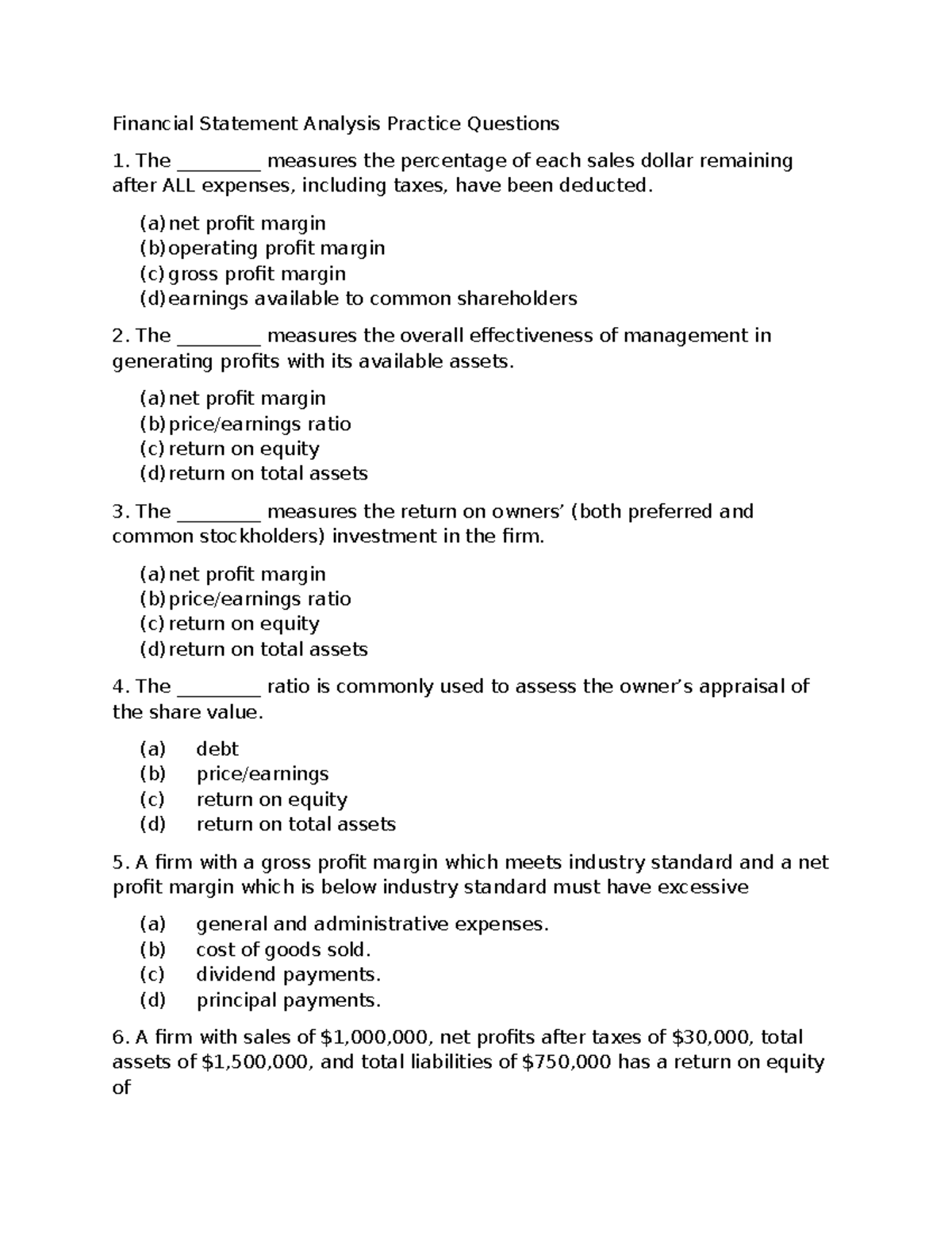 Financial Statement Analysis Practice Questions (FIN 101) - Studocu