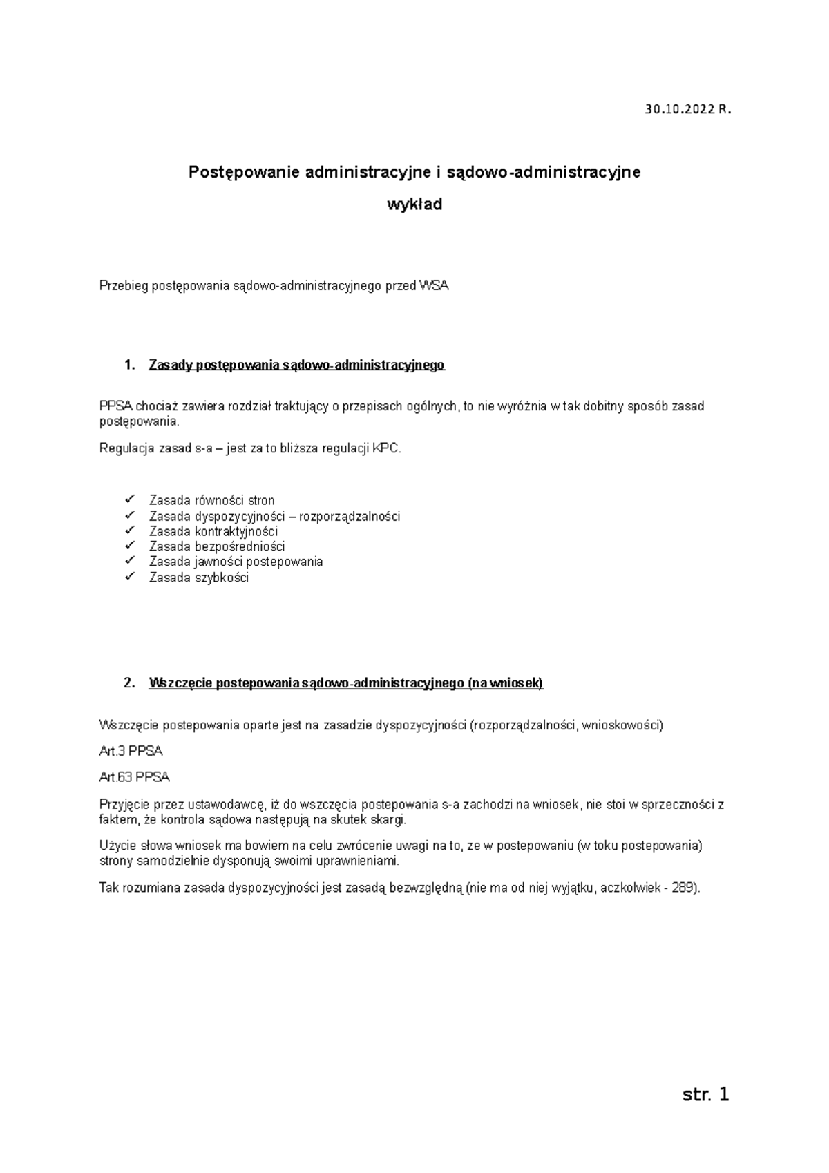 PPSA wykład 30 - Zasady postępowania sądowo-administracyjnego - Studocu