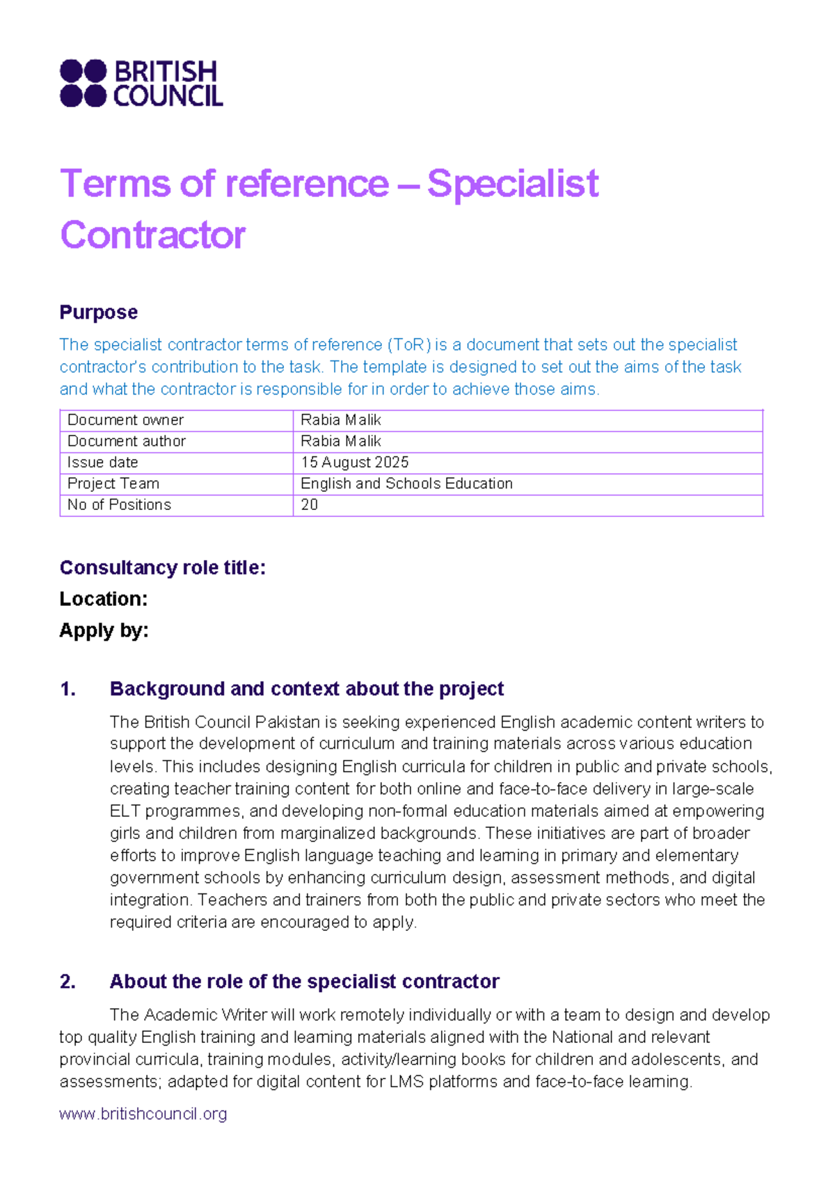 Terms of Reference for Specialist Contractors: Academic Writers - Studocu