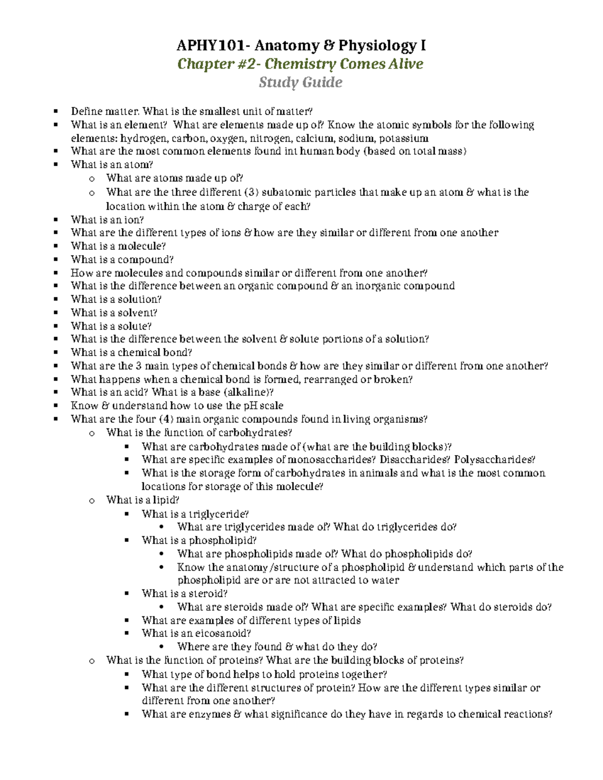 APHY101 - Anatomy & Physiology I: Chapter 2 Chemistry Study Guide - Studocu