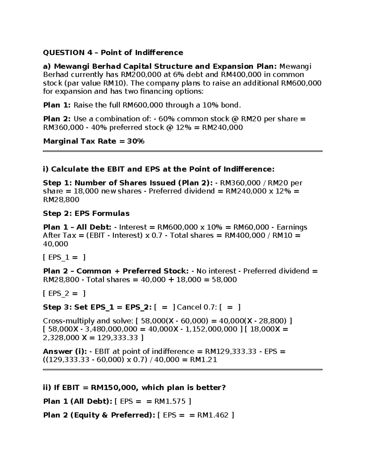 CH6 Point of Indifference Analysis: EBIT & EPS Comparison - Studocu