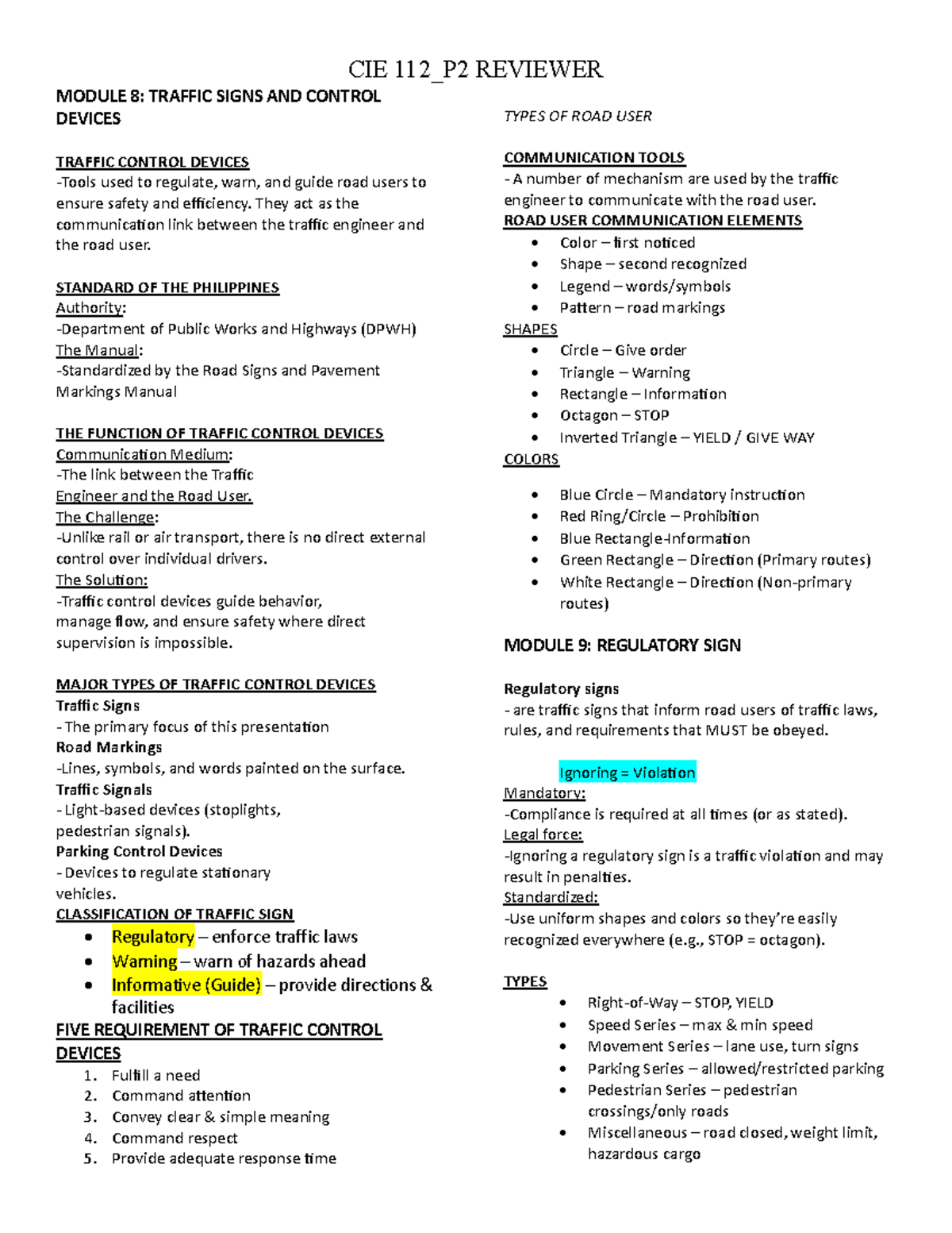 CIE 112_P2 REVIEWER: Traffic Signs, Control Devices, and Pavements ...
