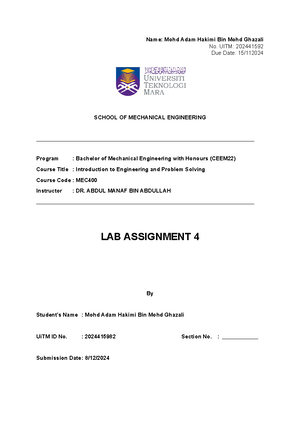 Lab Report 1: MEC400 - Introduction to Engineering & Problem Solving ...