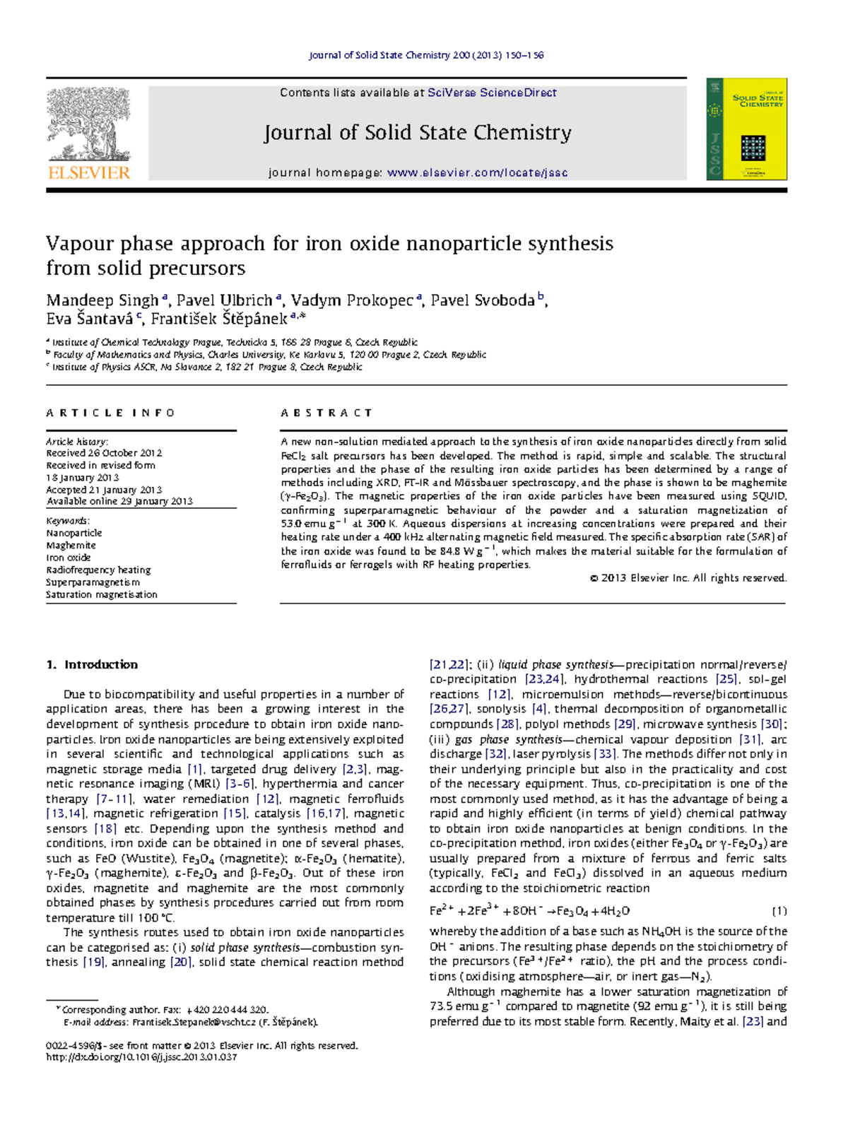 Synthesis and Characterization of Iron Oxide Nanoparticles (JSSC 200 ...