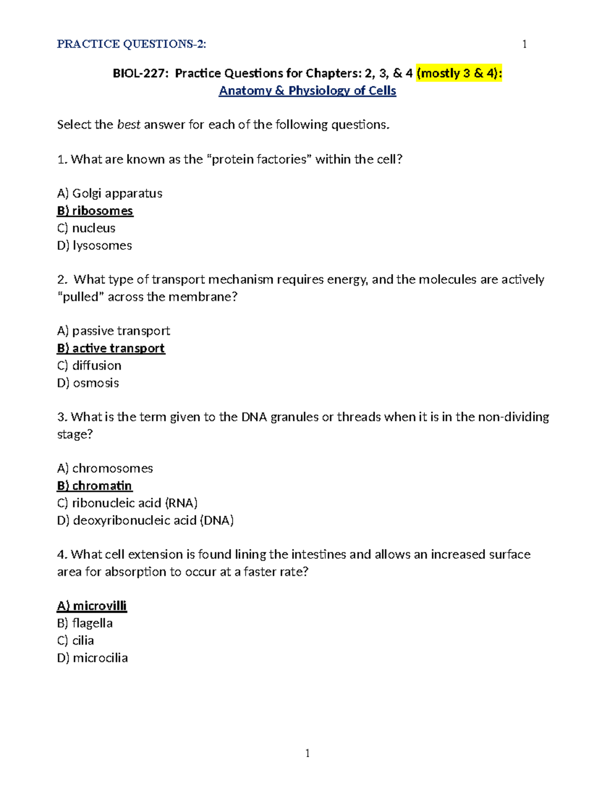 BIOL 227 Practice Questions for Chapters 3 & 4 with Answers SP 2025 ...