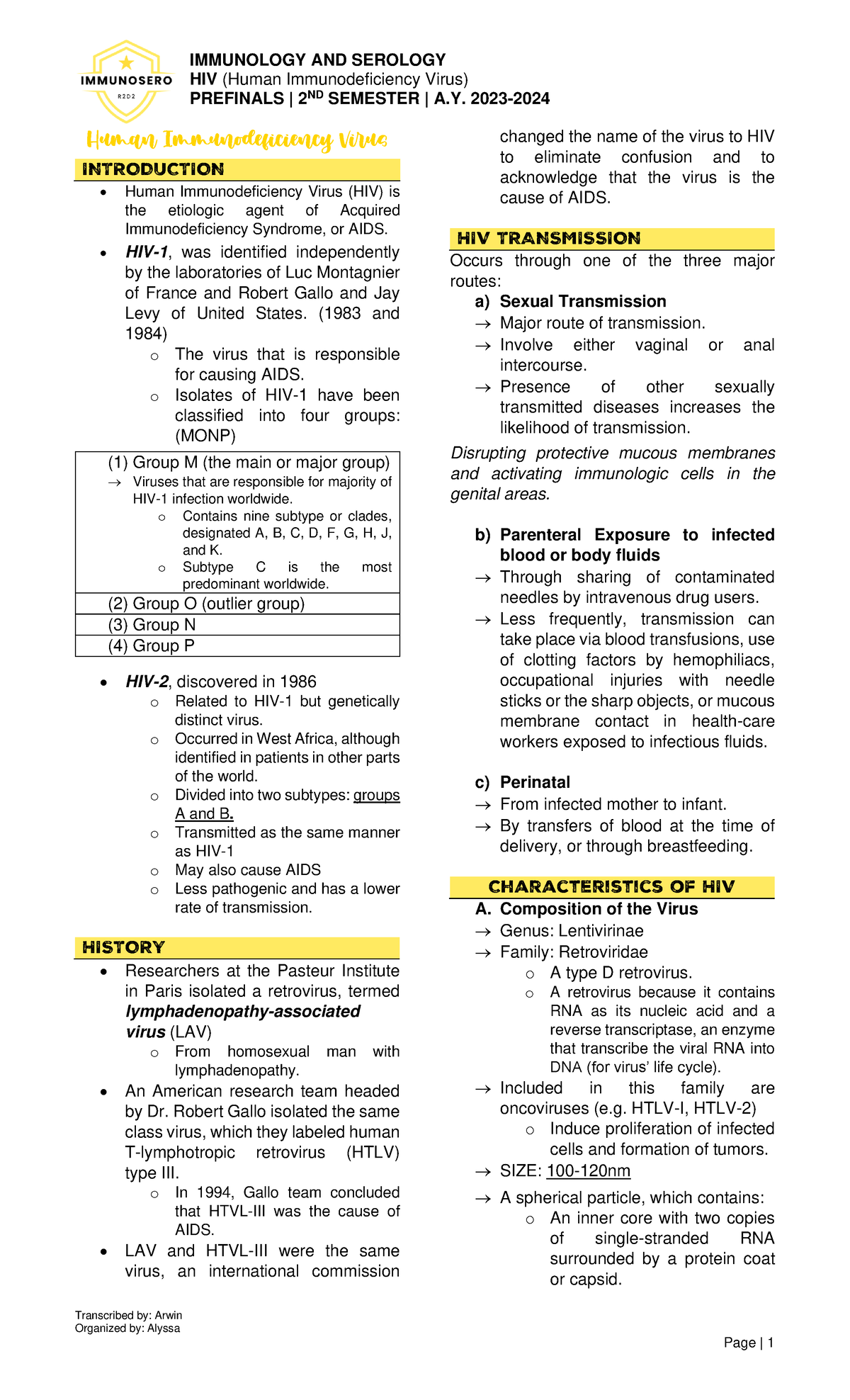 HIV (Human Immunodeficiency Virus) Prefinals Review 2nd Sem A.Y. - Studocu