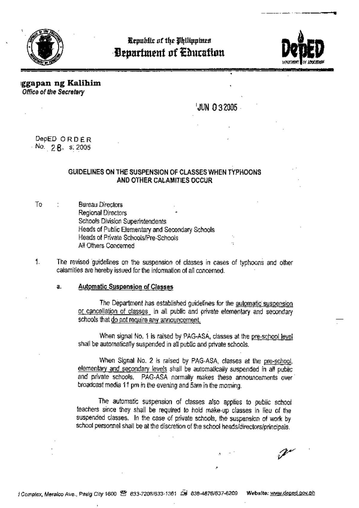 DO s2005 028 - DepEd Guidelines on Class Suspension During Calamities ...