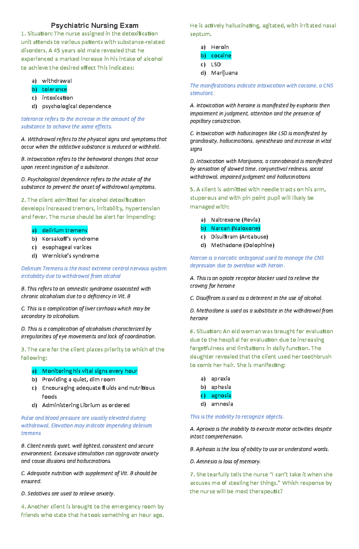 Psychiatric Nursing Exam 1: Key Concepts and Case Scenarios - Studocu