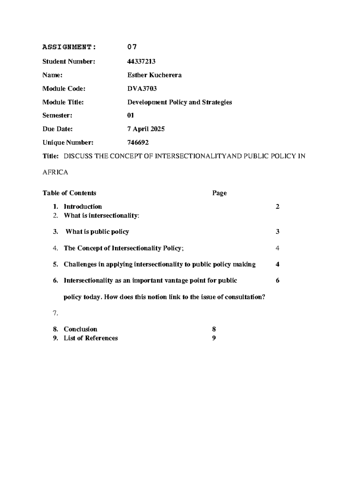 DVA3703 ASSIGNMENT 07: Intersectionality & Public Policy in Africa ...