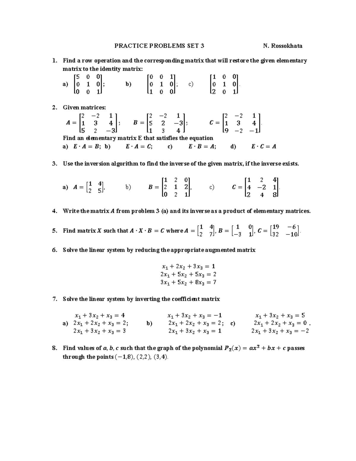 Practice Problems Set 3: Matrix Operations & Linear Systems - Studocu