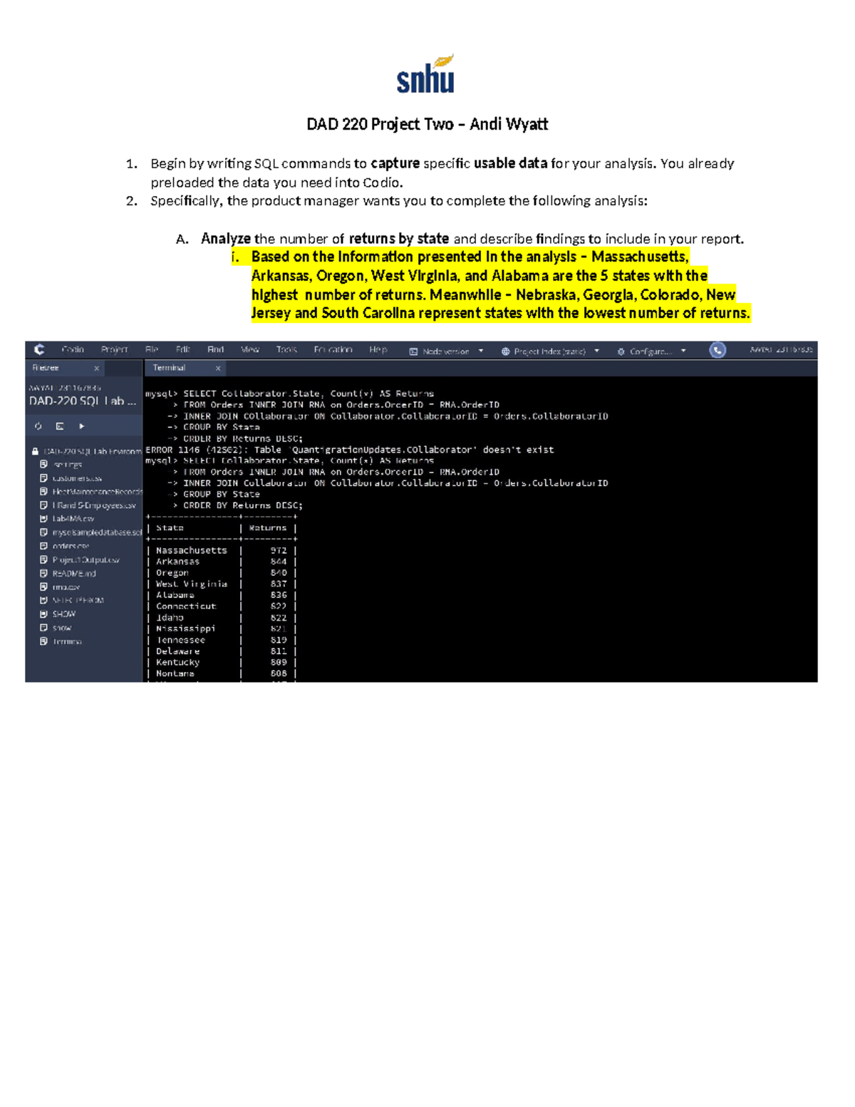 DAD 220 Project Two: SQL Analysis of Product Returns Data - Studocu