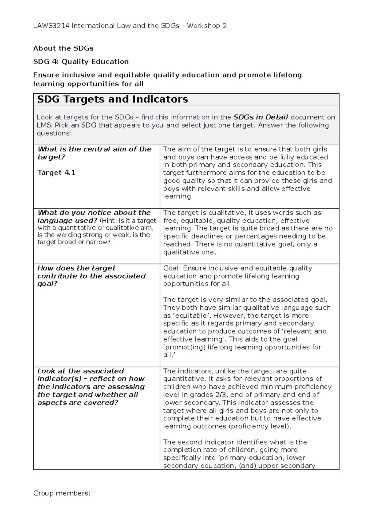 LAWS3214 Workshop 2: Analyzing SDG 4 - Quality Education Insights - Studocu