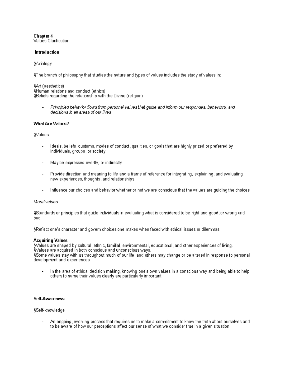 Chapter 4 + 5 - outline notes from ppt. - Chapter 4 Values ...