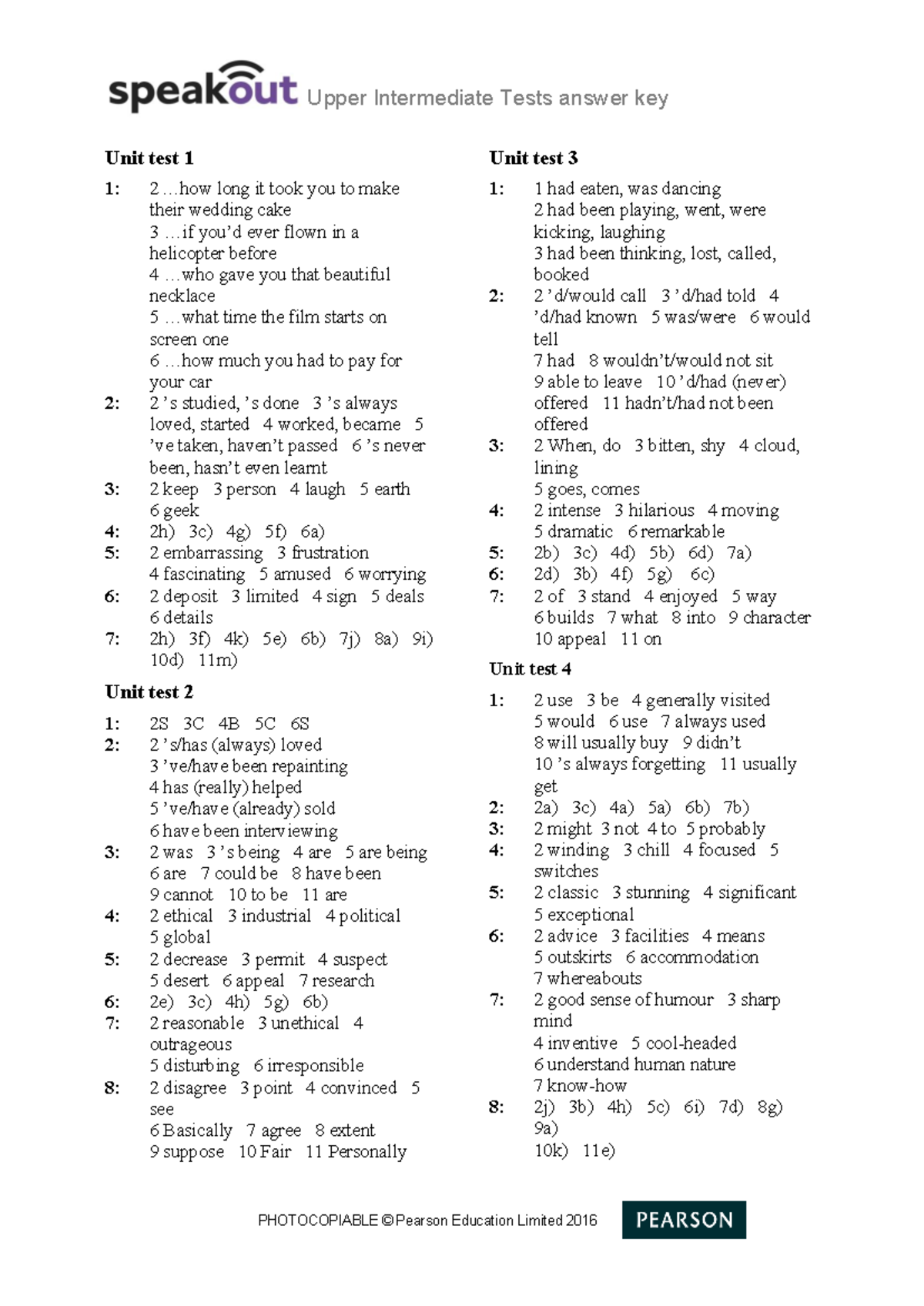 SO2e Upper Intermediate Tests Answer Key: Unit Tests 1-8 - Studocu