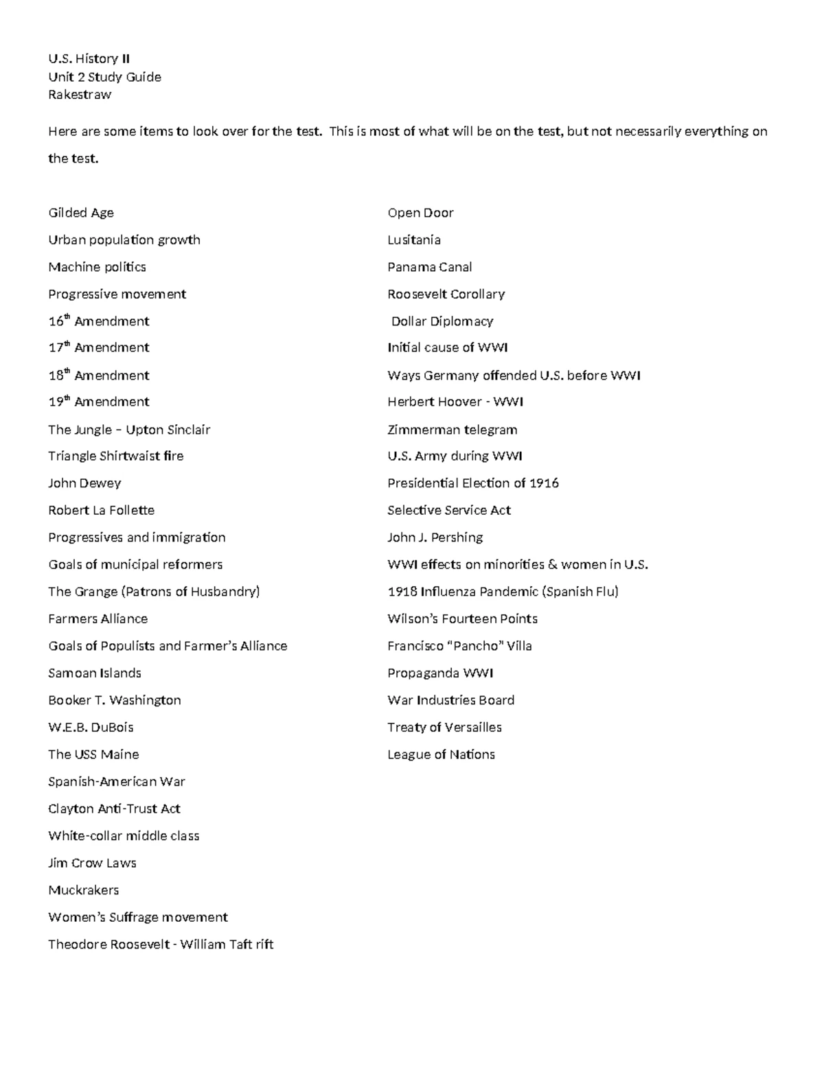 U.S. History II Study Guide: Key Topics for Unit 2 Exam Review - U ...