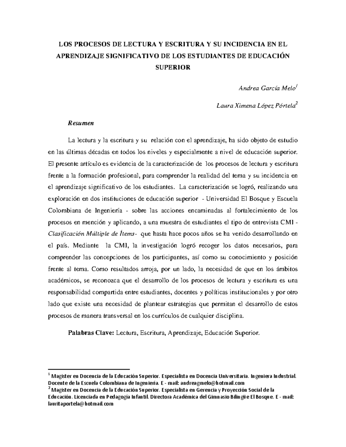 LOS PROCESOS DE LECTURA Y ESCRITURA EN EDUCACIÓN SUPERIOR: UN ESTUDIO ...