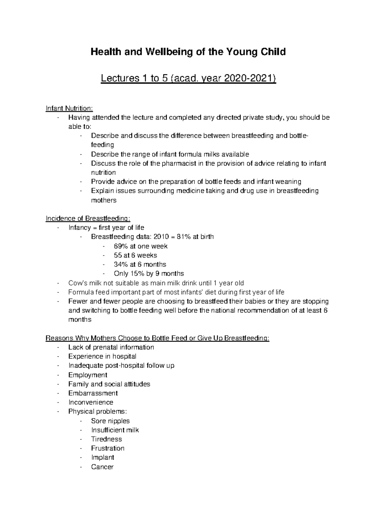 Health and Wellbeing of the Young Child lecturesnotes 1to5 20202021 ...