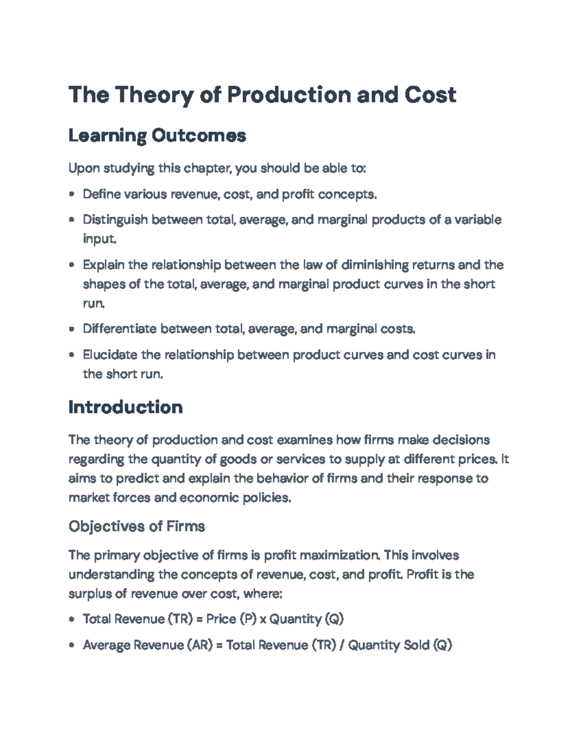 Theory of Production and Cost (ECO 101) - Key Concepts and Applications ...