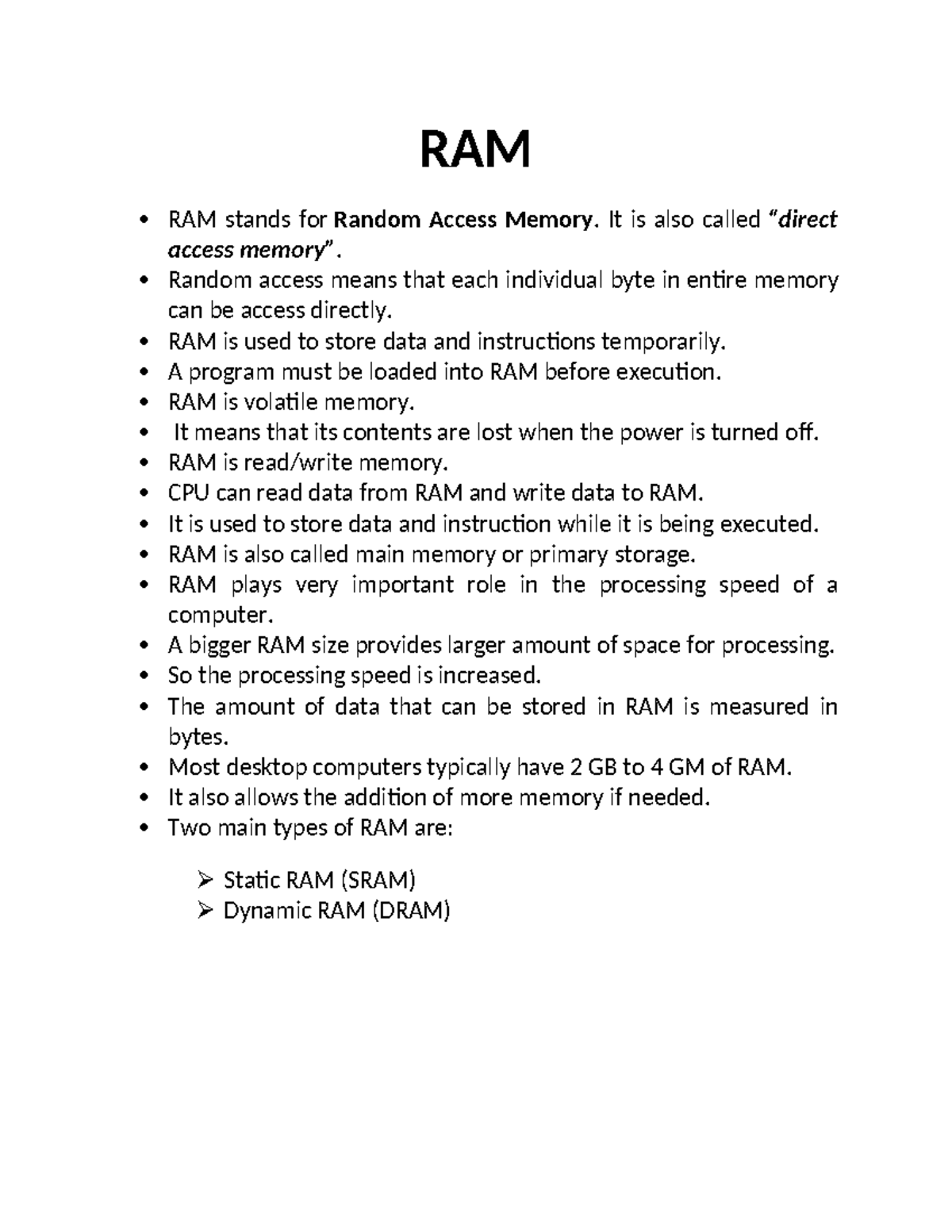 RAM Overview: Types, Importance, and Functionality Insights - Studocu