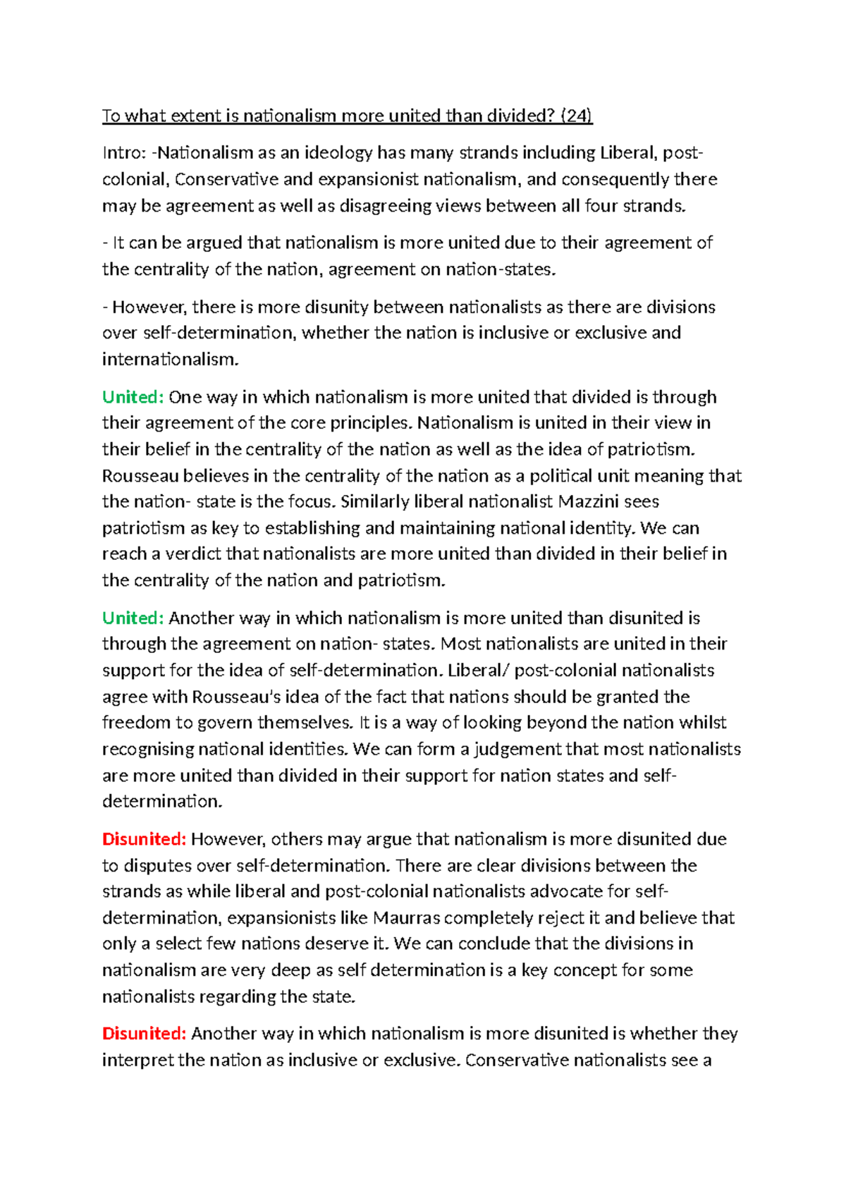 Nationalism: Unity vs. Division in Ideological Perspectives - Studocu